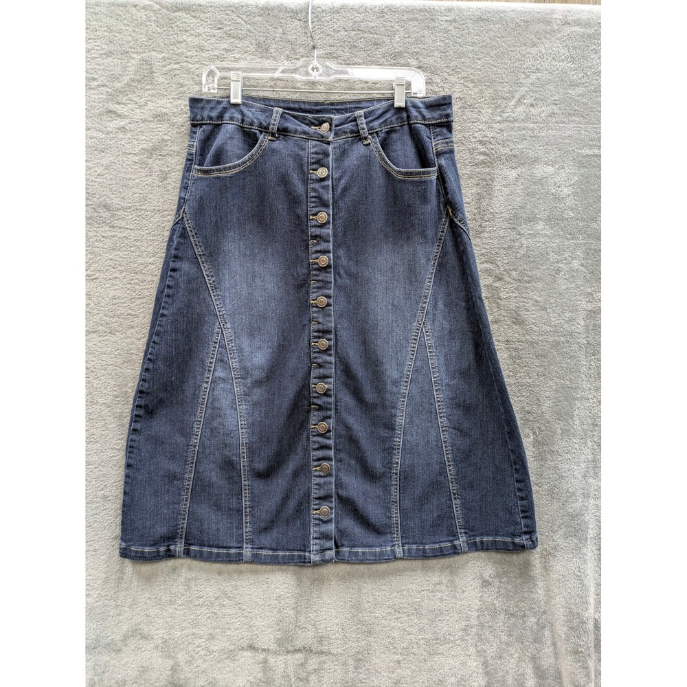 Classic Denim Button Front Midi Skirt Womens 8P Dark Wash Stretch Paneled A-Line